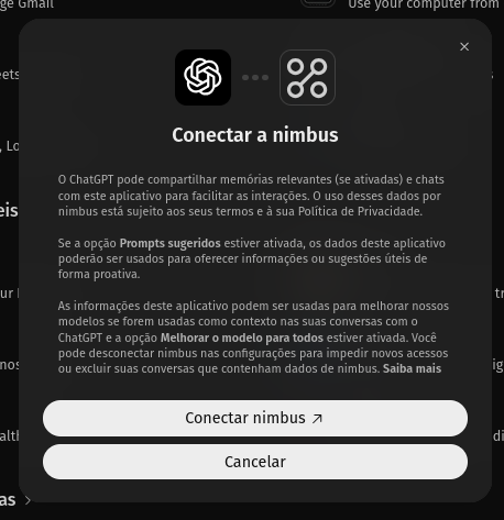 Modal Conectar a nimbus do ChatGPT, com o texto padrão da OpenAI sobre compartilhamento de dados e os botões Conectar nimbus e Cancelar.