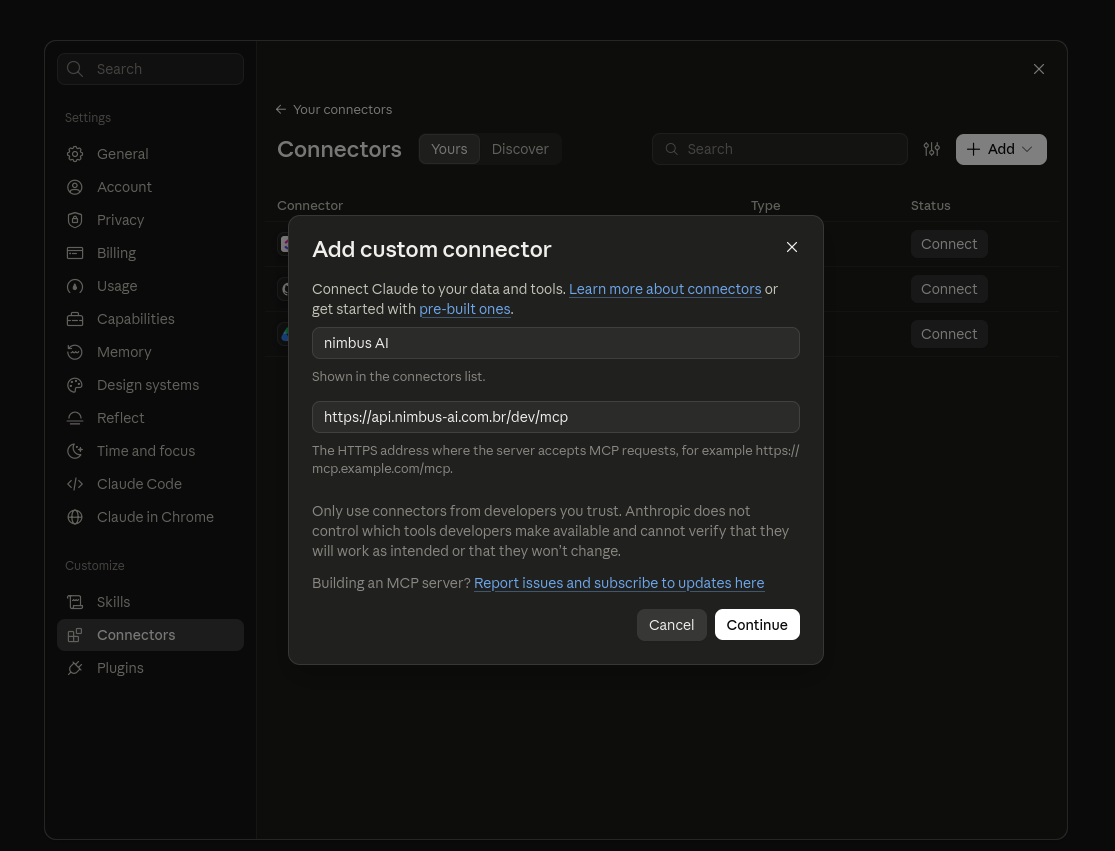Janela Add custom connector do Claude preenchida: nome nimbus AI, o endereço do servidor MCP da nimbus AI e os botões Cancel e Continue.