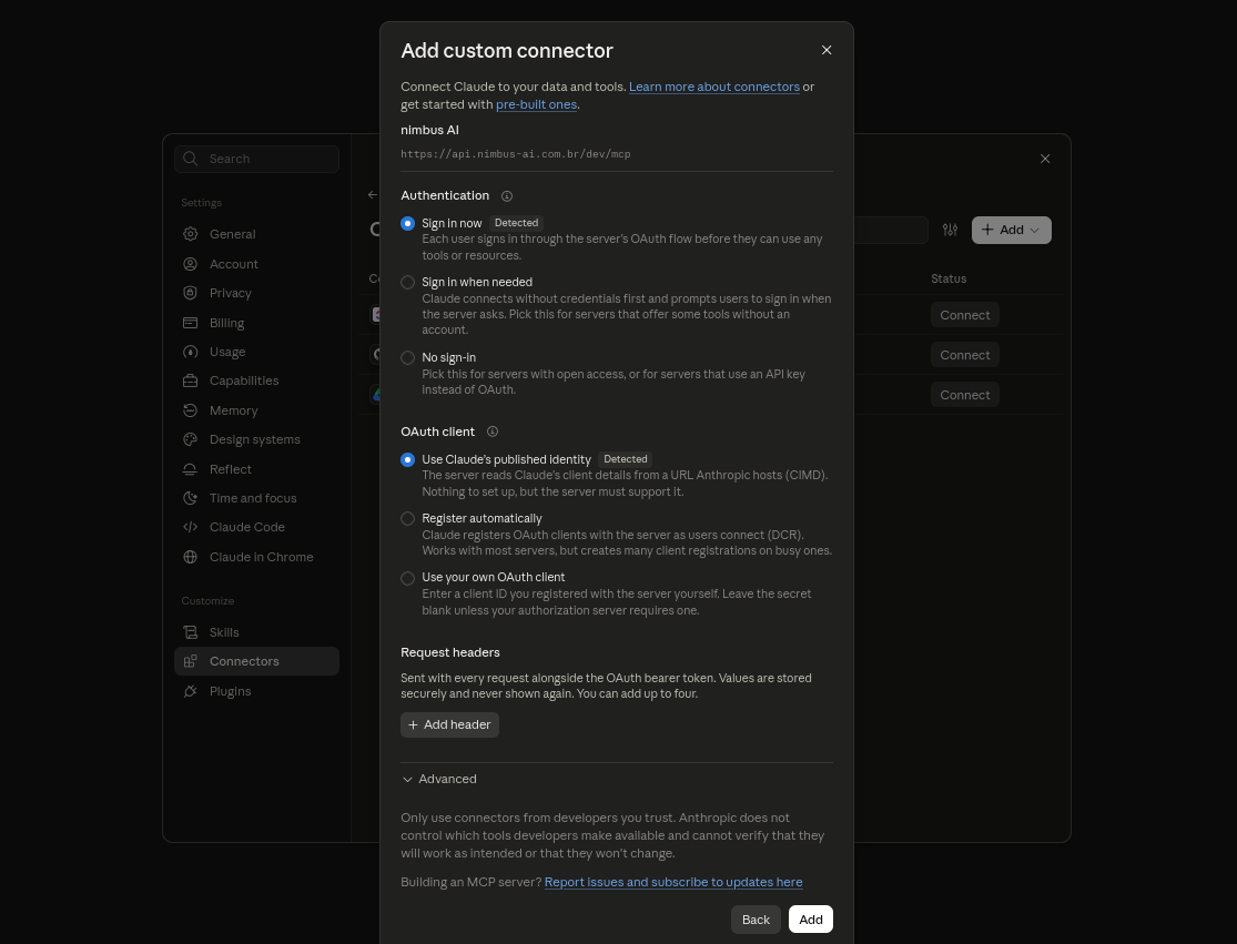 Segunda tela do Add custom connector: em Authentication, Sign in now marcado; em OAuth client, Use Claude's published identity marcado; Request headers sem nenhum cabeçalho; botões Back e Add.
